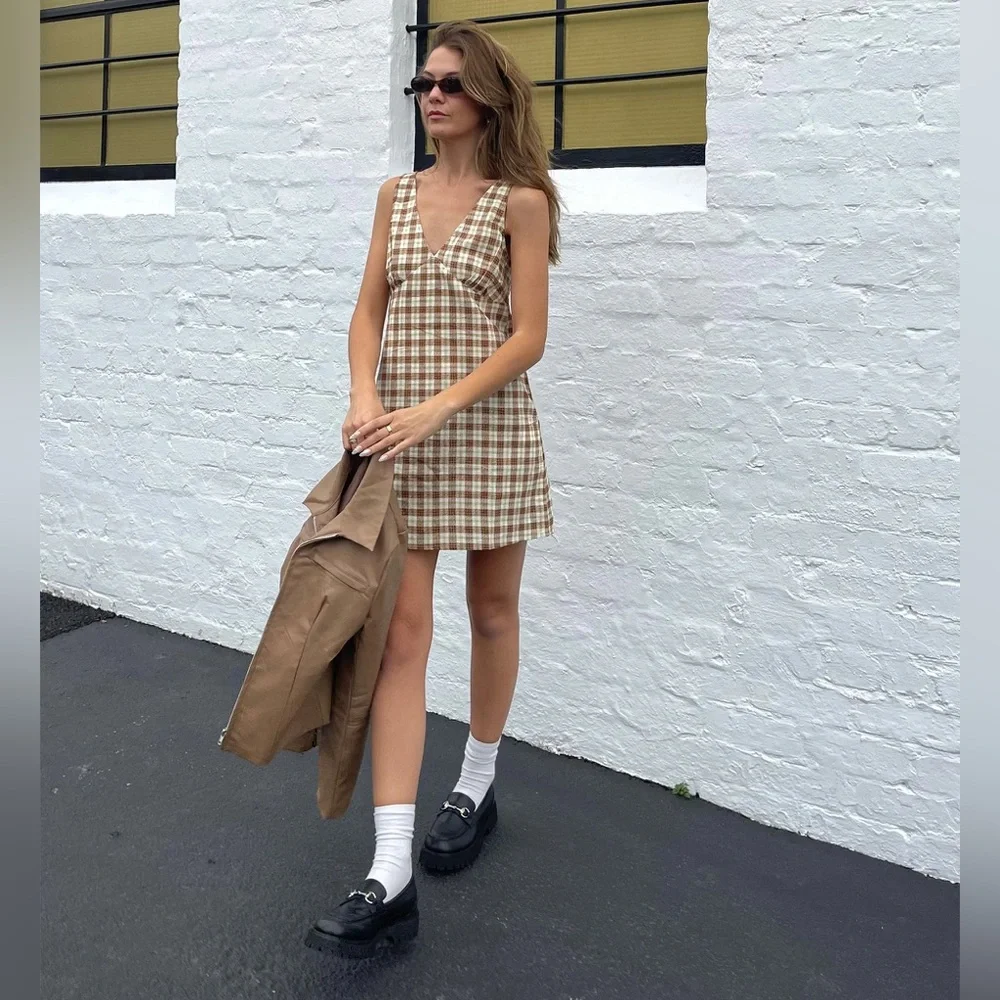 NWT Motel Rocks Eluned Day Dress In Yellow And Brown Check - Picture 2 of 6